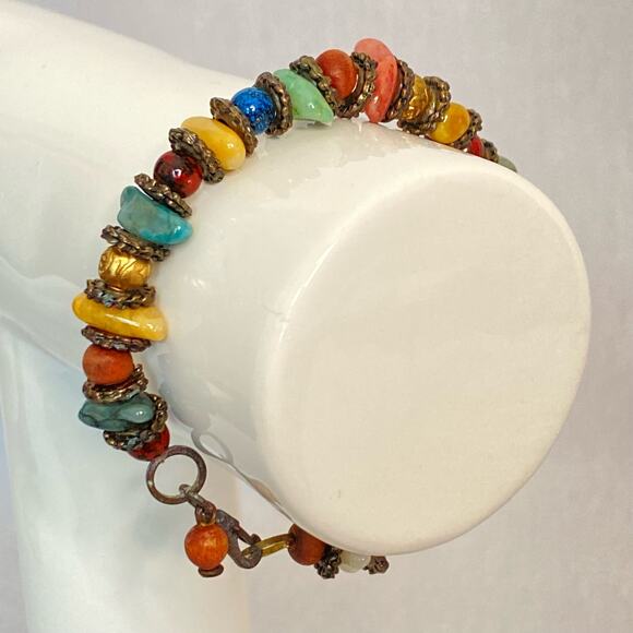 Artisan Bracelet Multicolor Irregular Shaped Stones With Bronze Rondelles - Picture 4 of 10